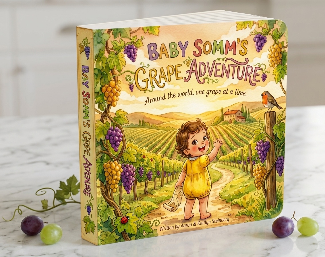 A three-dimensional copy of Baby Somm's Grape Adventure standing on a marble table beside green and purple grapes