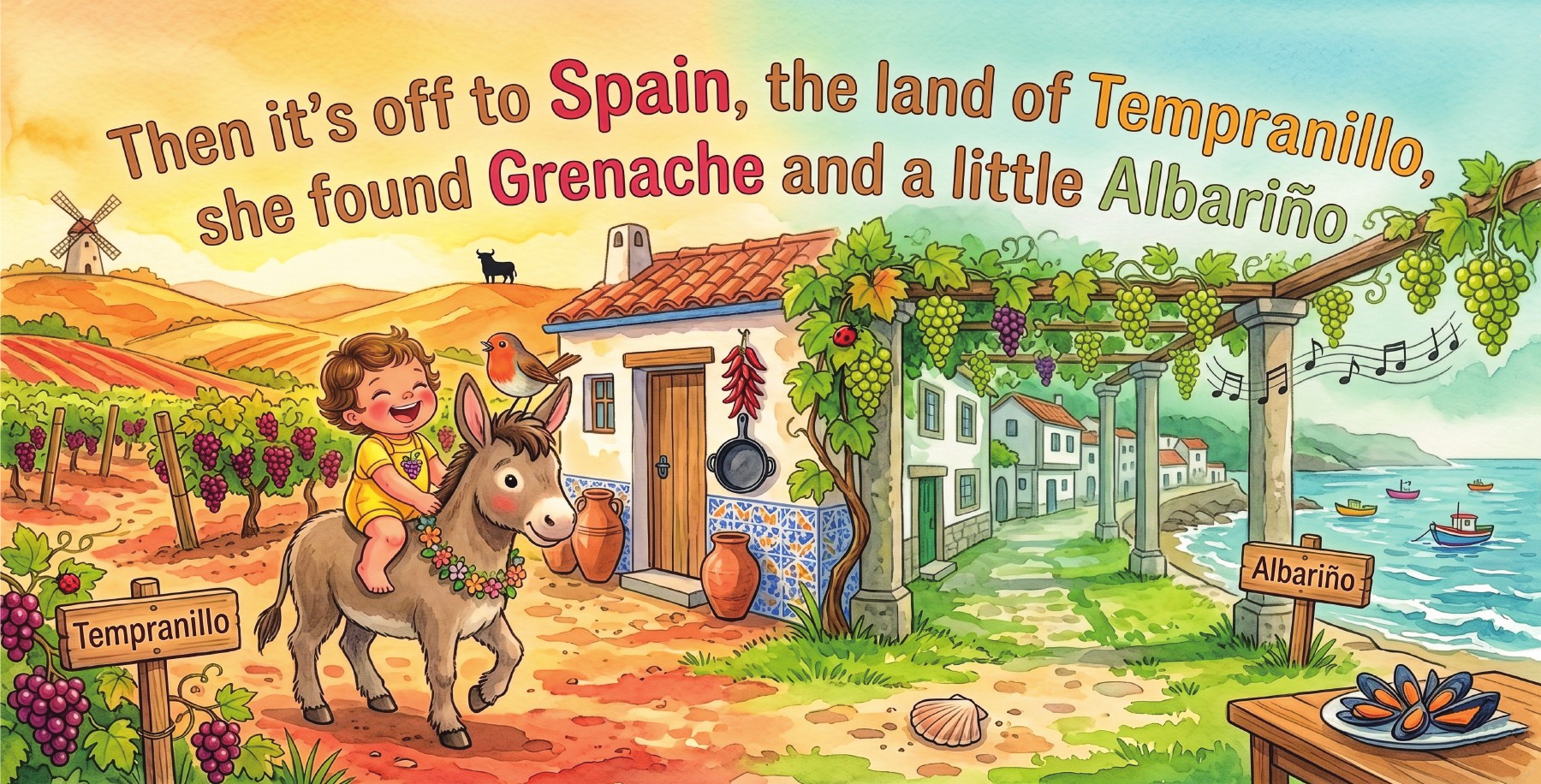 Baby Somm riding a donkey through a bright Spanish vineyard with Tempranillo and Albariño
